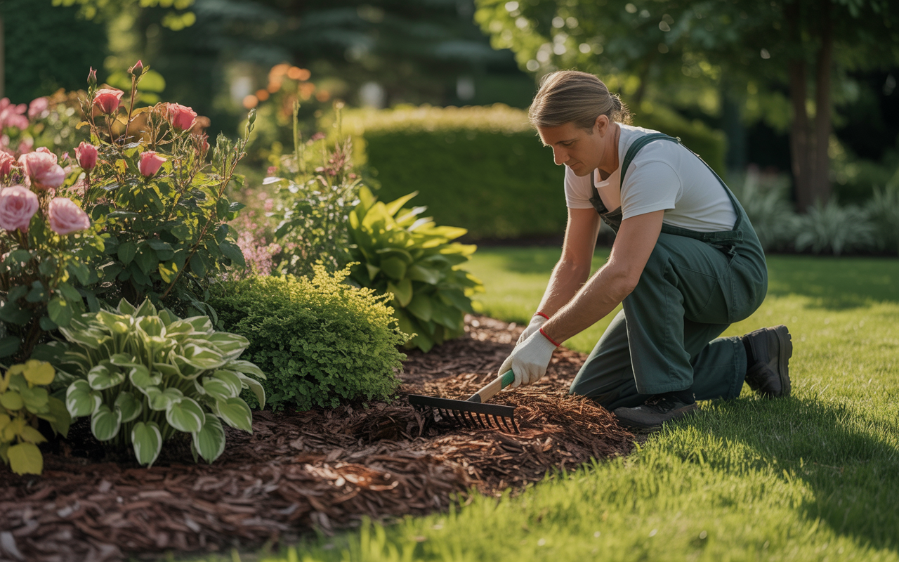 Fresh mulch surrounds healthy garden plants, helping conserve moisture and reduce weeds in summer.