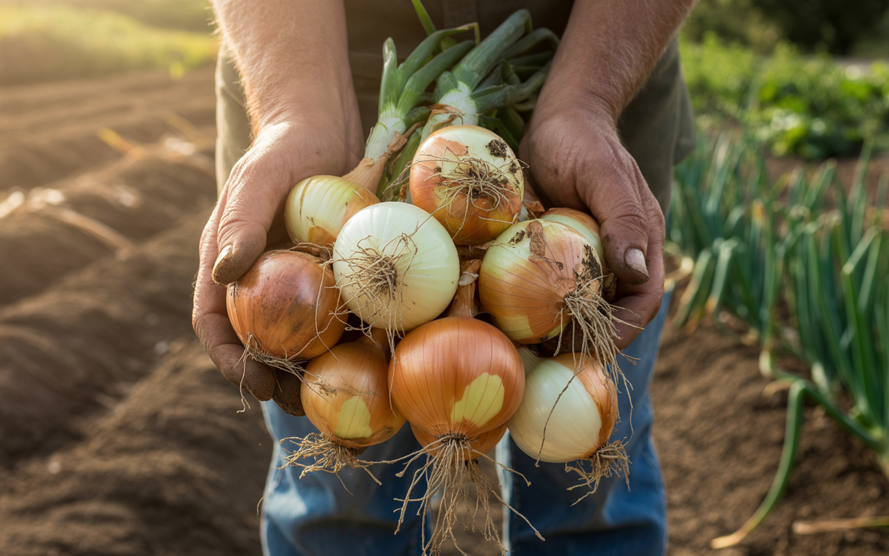 Onion sets being planted in early spring soil in a Zone 5 garden