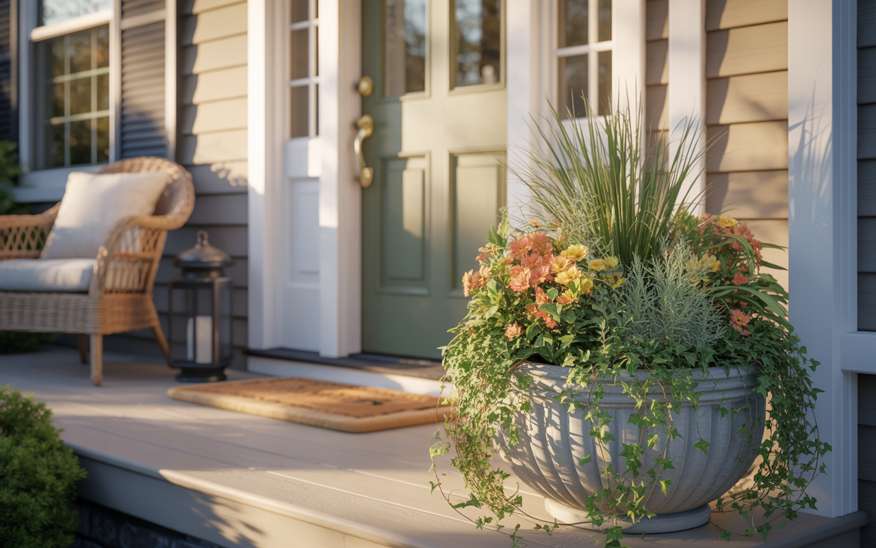 Photo-realistic front porch entry with a large, full summer container arrangement in a classic urn, 
