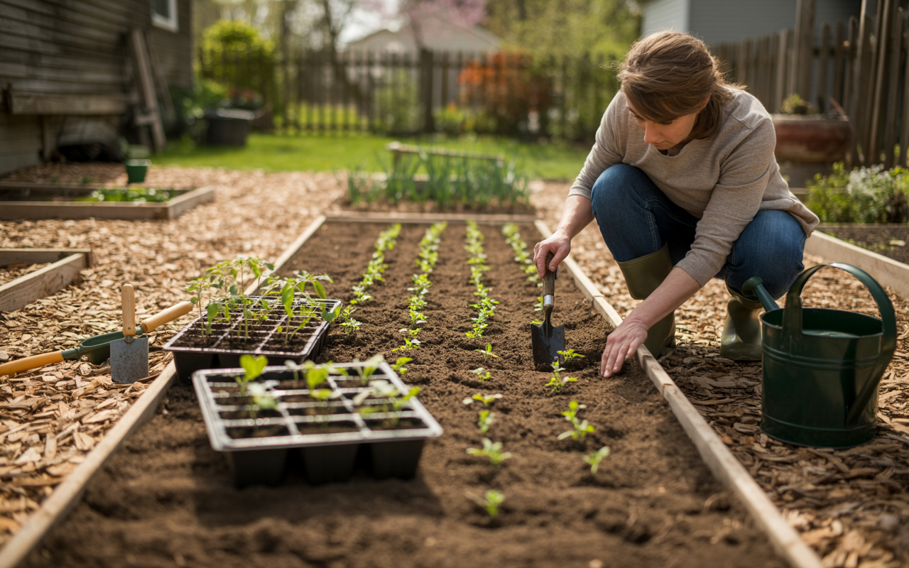 Home gardener planting young vegetable seedlings in evenly spaced rows with fresh soil and mulch, de