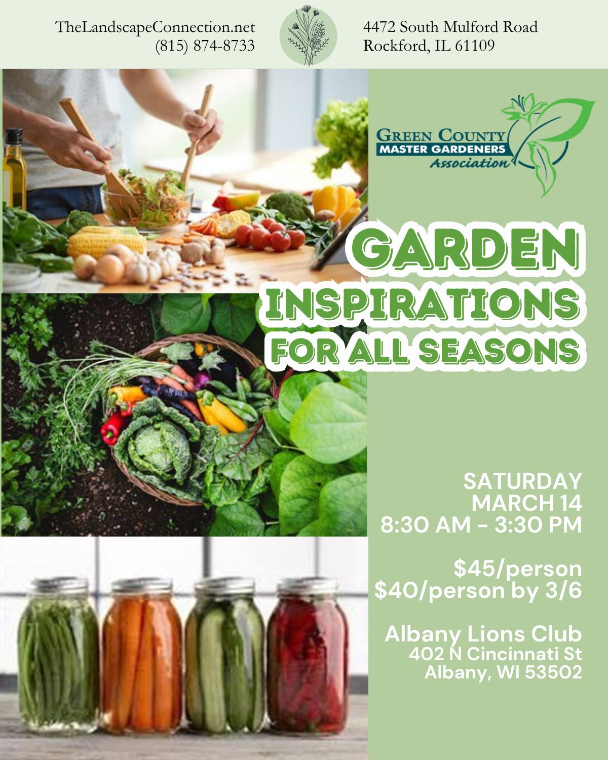 Flyer for a gardening event with produce photos and text, advertising Garden Inspirations for All Seasons in Albany, WI, on March 14.