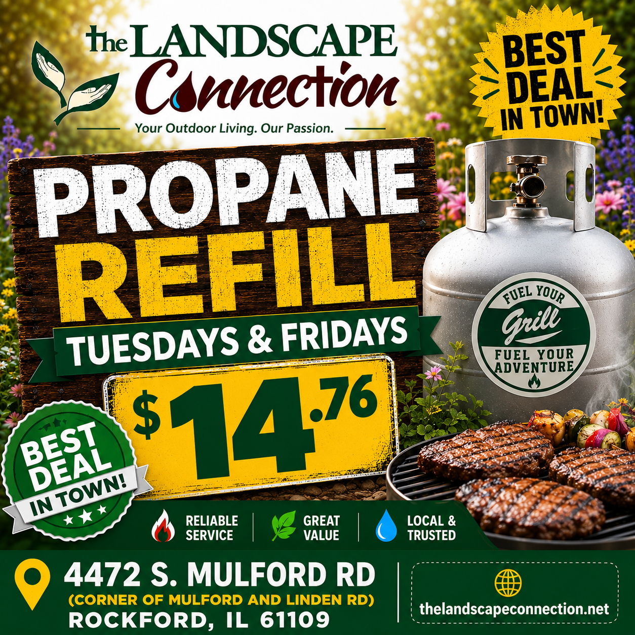 Propane refill ad for The Landscape Connection, Tuesdays & Fridays, $14.76, Mulford Rd location