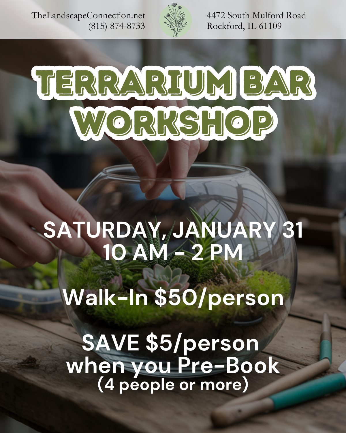 Terrarium Bar Workshop flyer: hands arranging plants in a glass bowl. Walk-in $50, pre-book (4+) to save $5. Saturday, Jan 31, 10 AM - 2 PM.