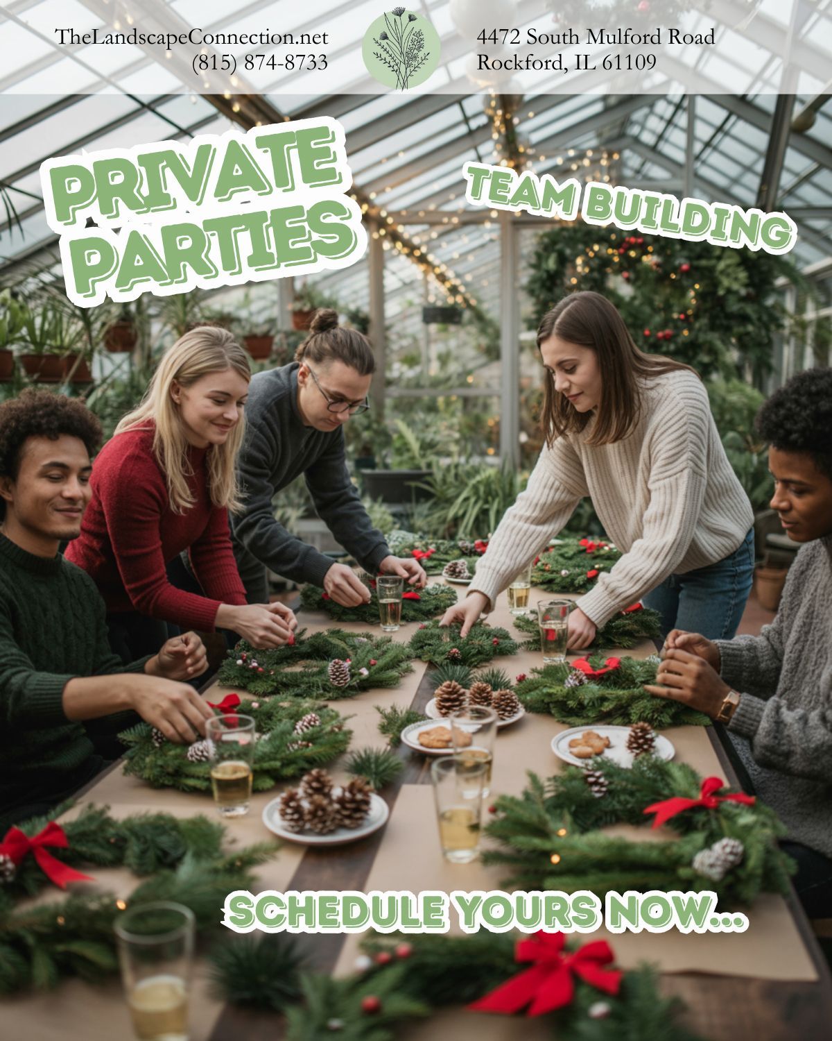 People making wreaths at a table.