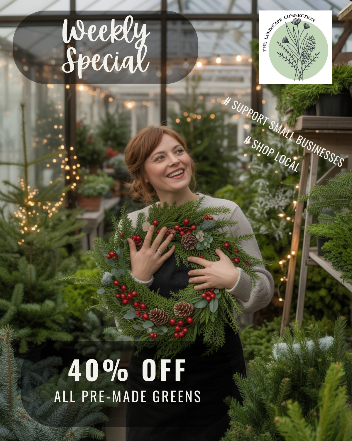Woman holding a wreath, smiling in a greenhouse. 40% OFF all pre-made greens.