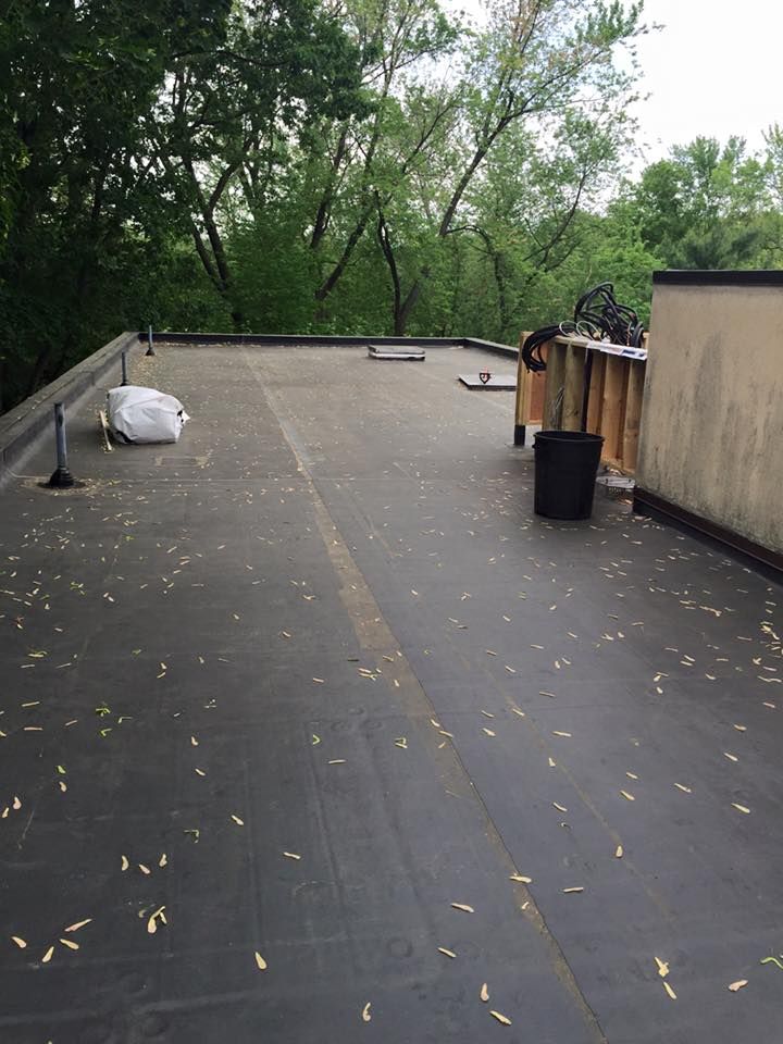 A roof with a lot of leaves on it and trees in the background.