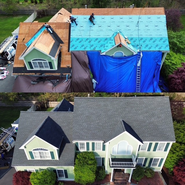 An aerial view of a house before and after roofing
