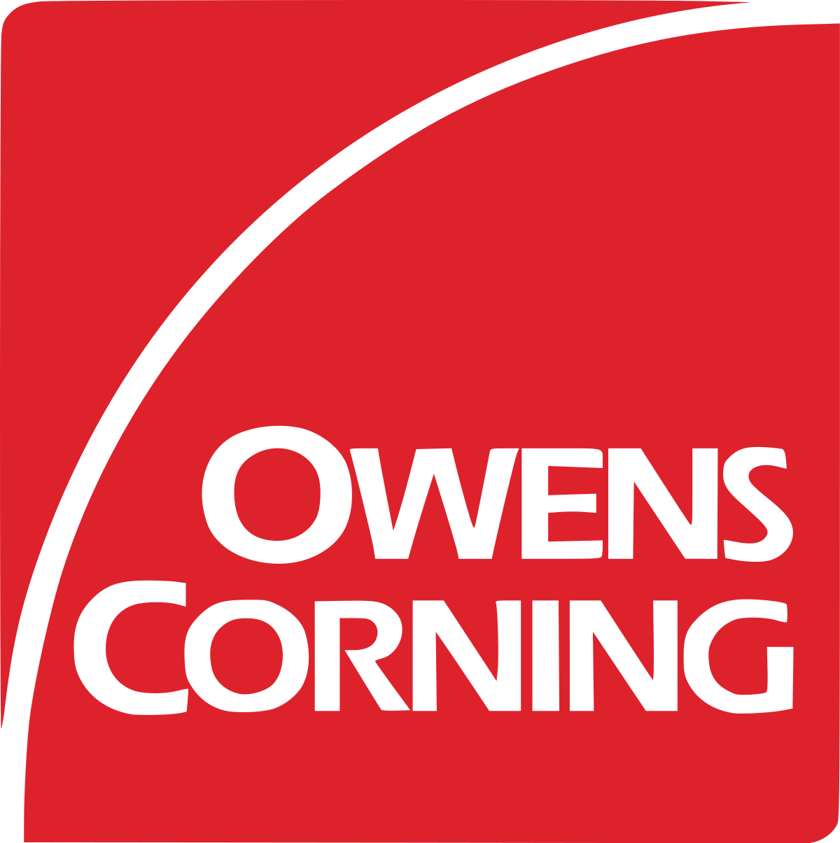 Owens Corning logo: White text on a red background. Curved white line arcs in the upper left.
