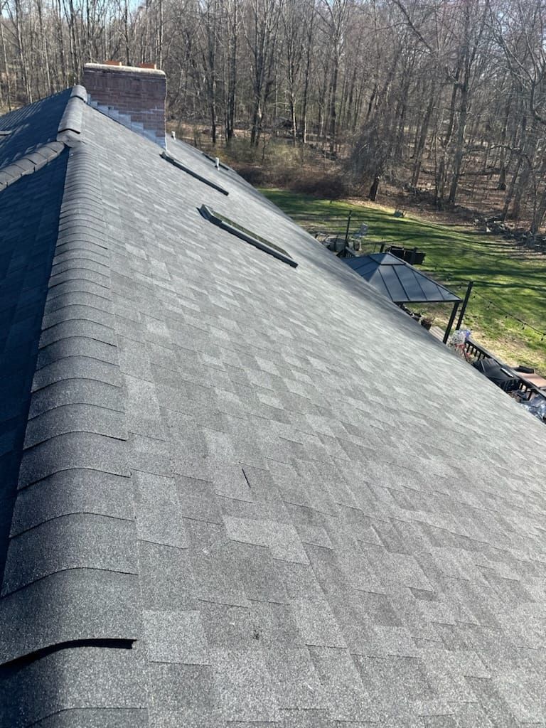 Dark gray asphalt shingle roof with a brick chimney, small vents, and a treeline backdrop.