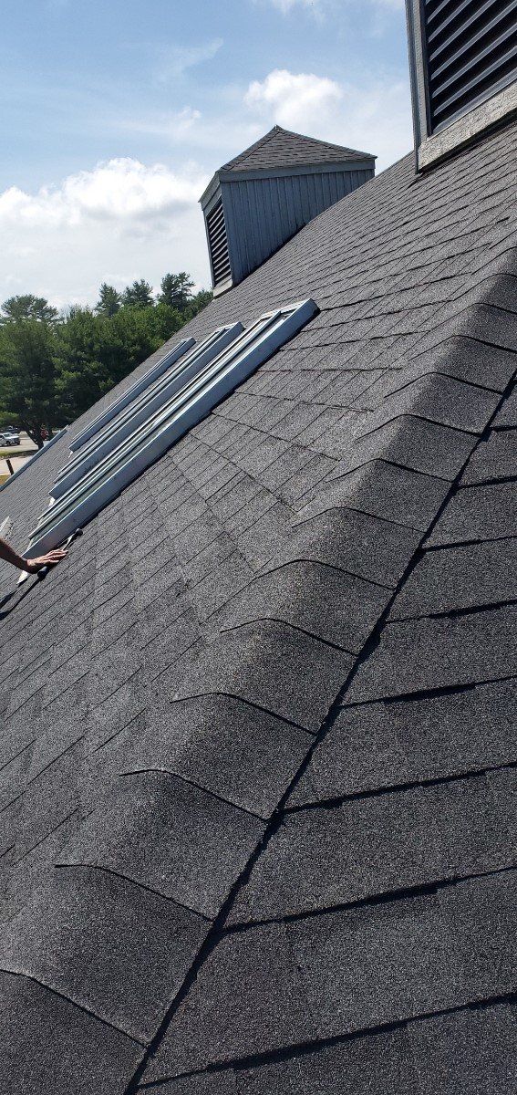 A view of a dark shingled roof with what appears to be skylights on it, with blue sky and trees in the distance.