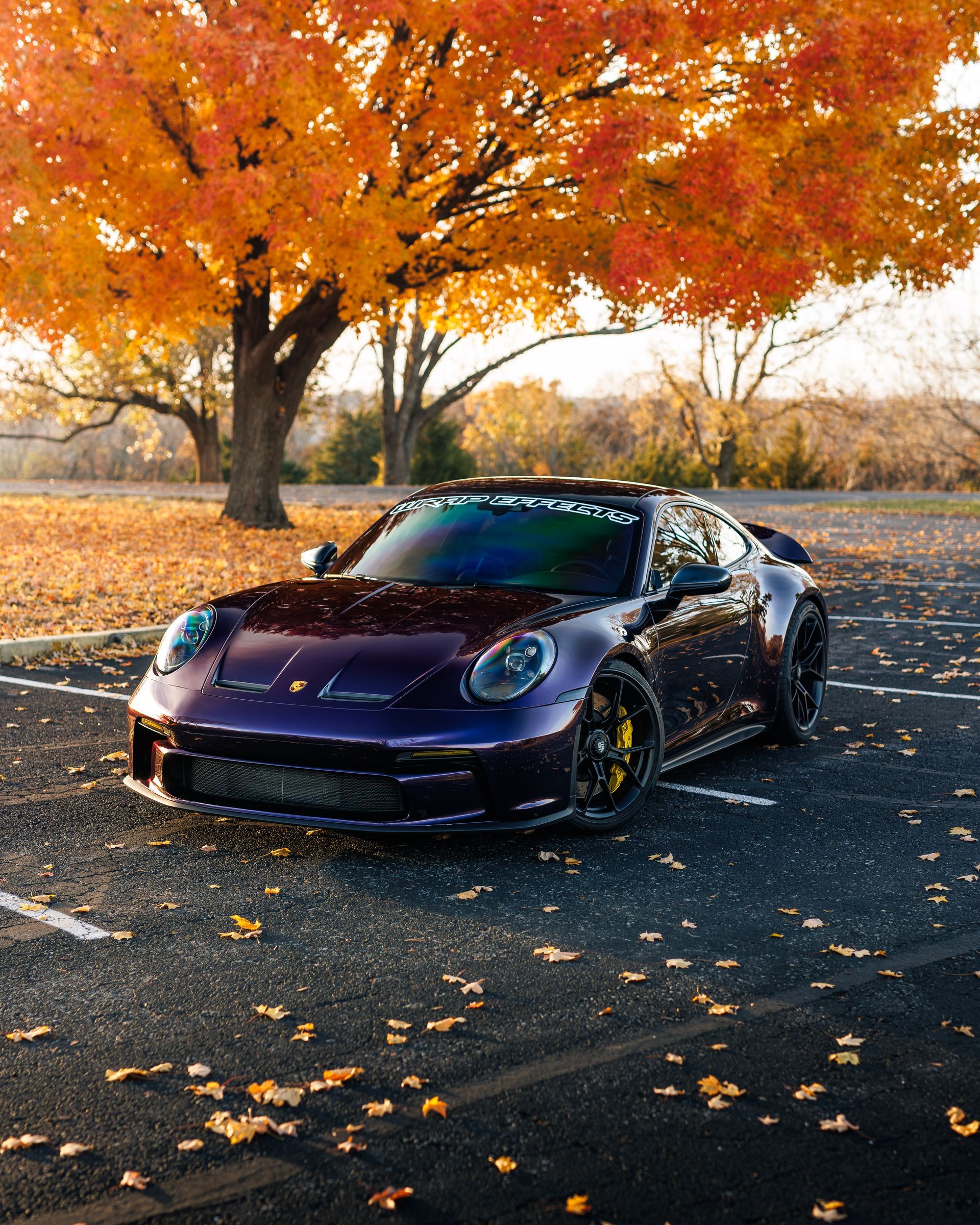 Purple Porsche parked around colorful fall trees.