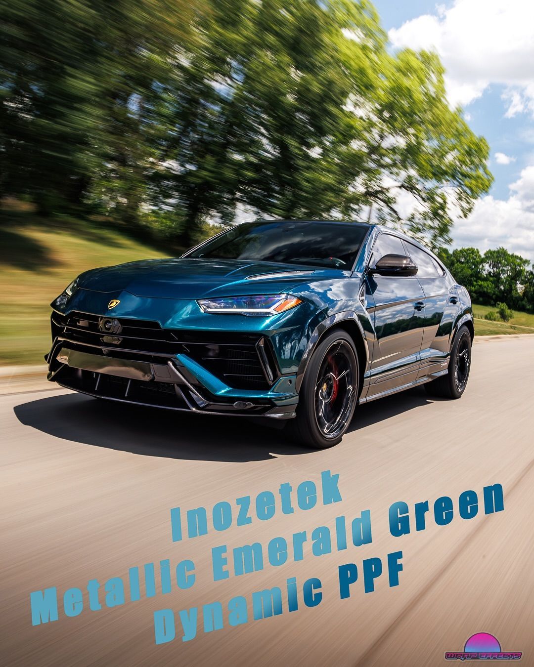 Emerald green Lamborghini SUV on a road, text: Inozotek Metallic Emerald Green Dynamic PPF.