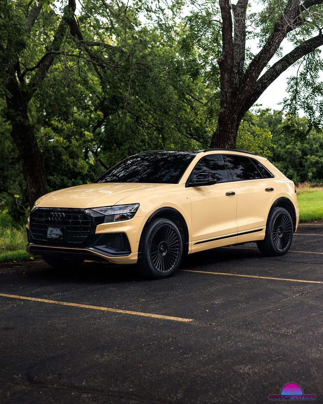 Tan Audi Q8 SUV with black accents parked on asphalt, surrounded by trees.