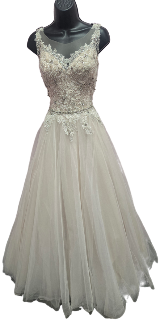 White wedding dress on a black mannequin, with beaded bodice and tulle skirt.