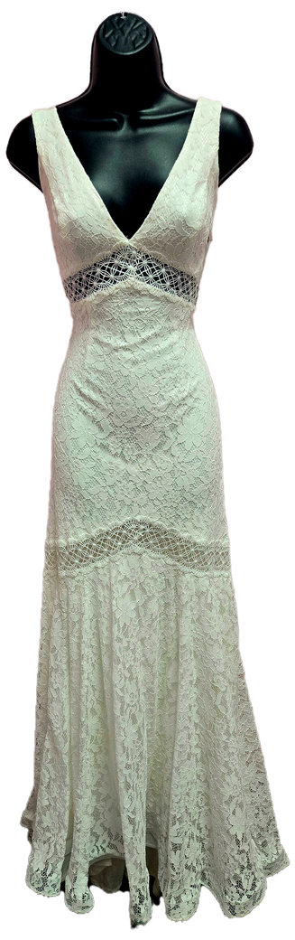 White lace evening gown on a black mannequin.