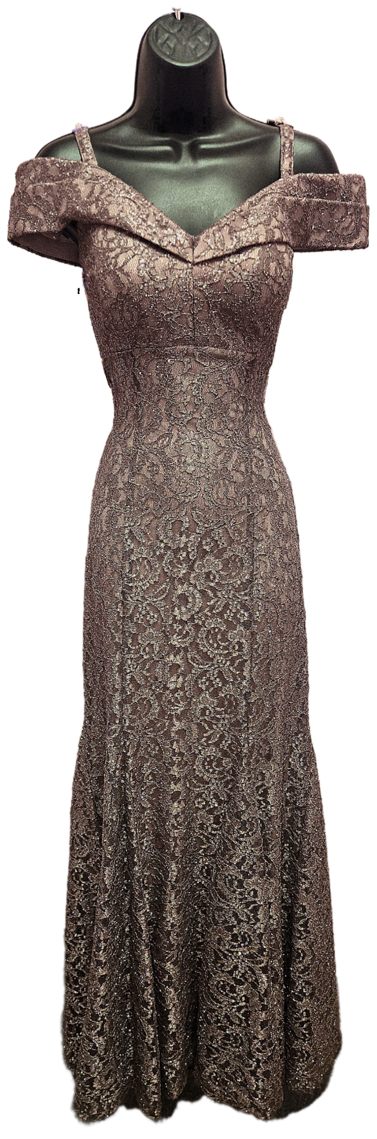 Beaded evening gown on a mannequin, copper color with off-the-shoulder sleeves and a mermaid hem.