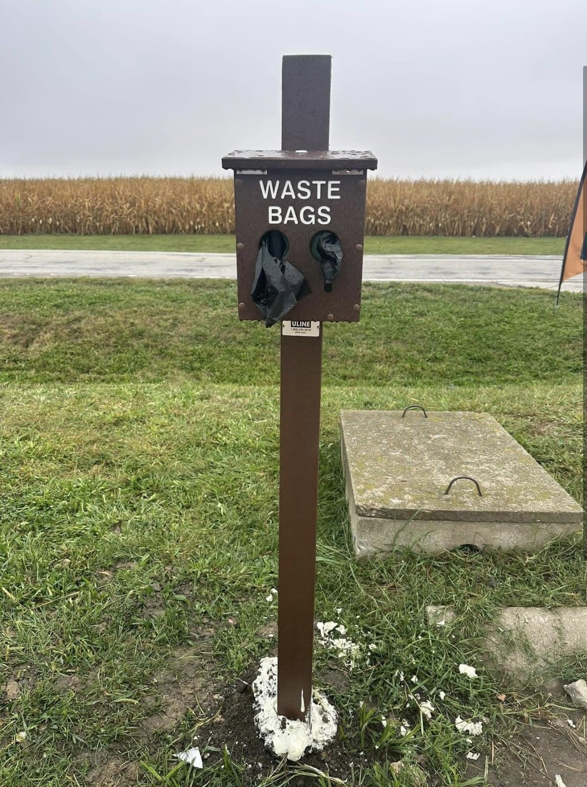 Brown dog waste bag dispenser in a grassy area, near a road and field.