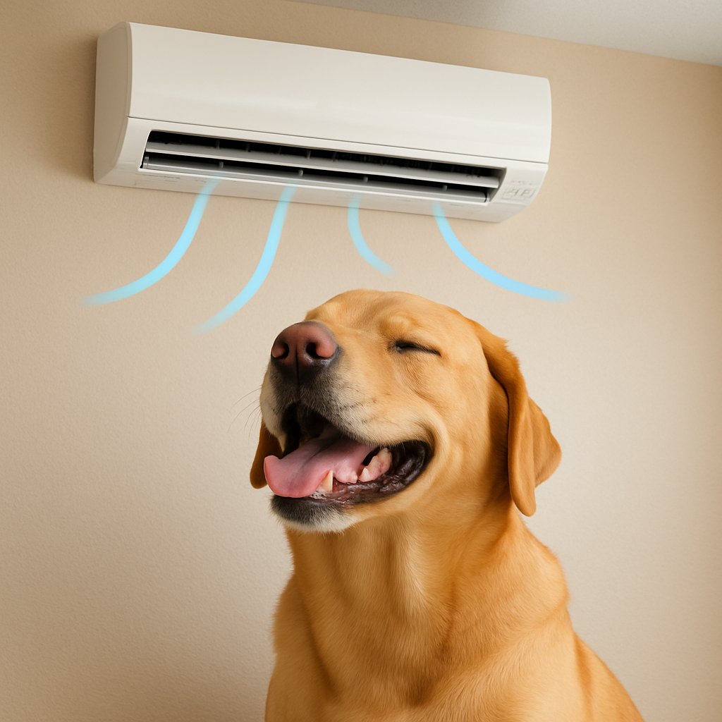 Yellow Labrador retriever enjoying cool air from an air conditioner indoors.