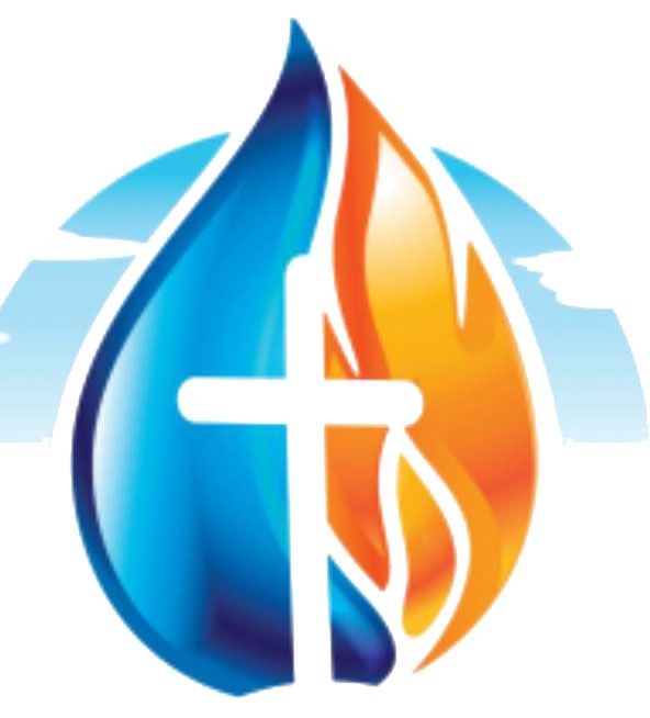 Christian logo: Cross in a water drop and flame, with clouds in a blue and orange gradient.