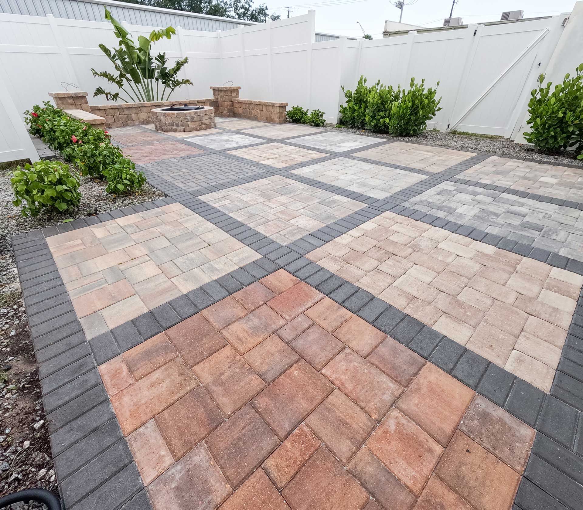 a patio with a firepit