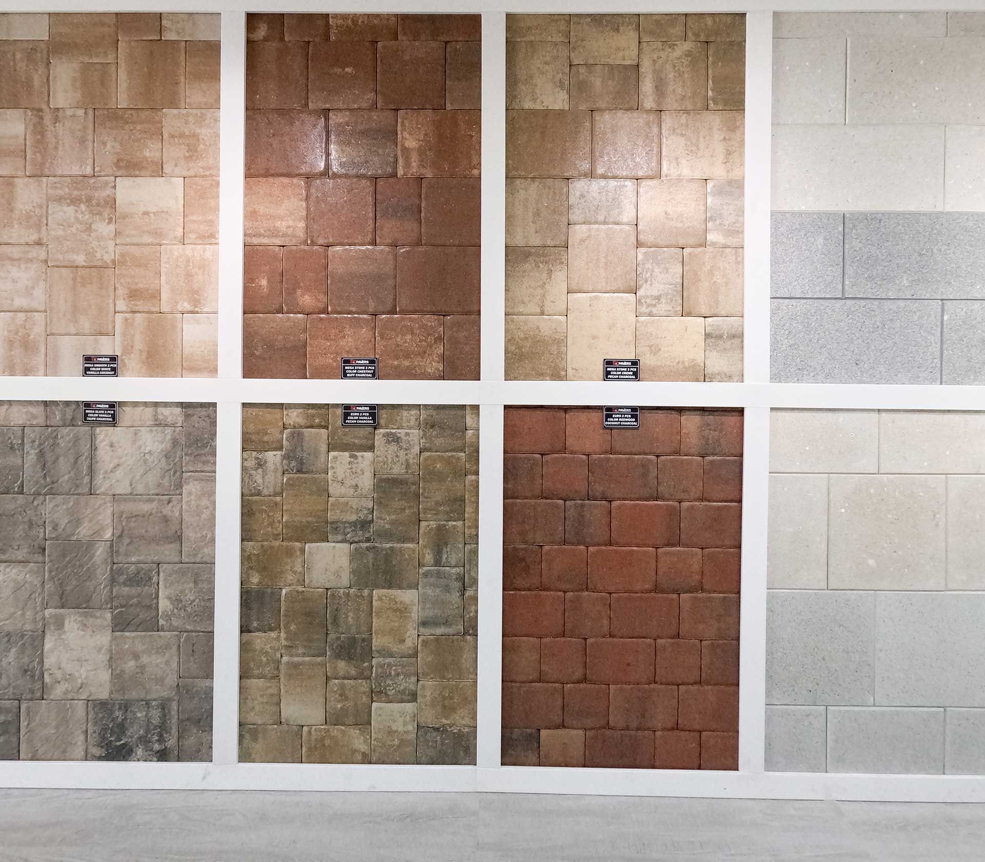a display of pavers in a variety of colors and sizes