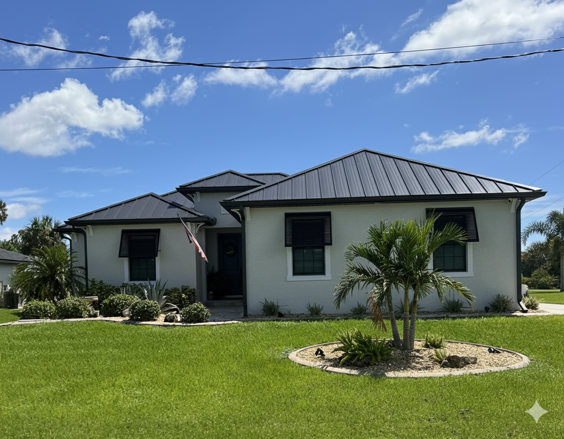 Light gray house with dark gray roof, shutters, and a green lawn under a blue sky.