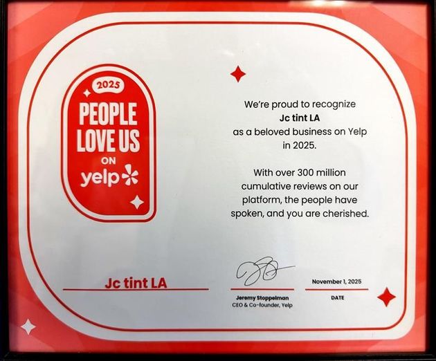 Yelp “People Love Us” award plaque for Jc tint LA in red and white.