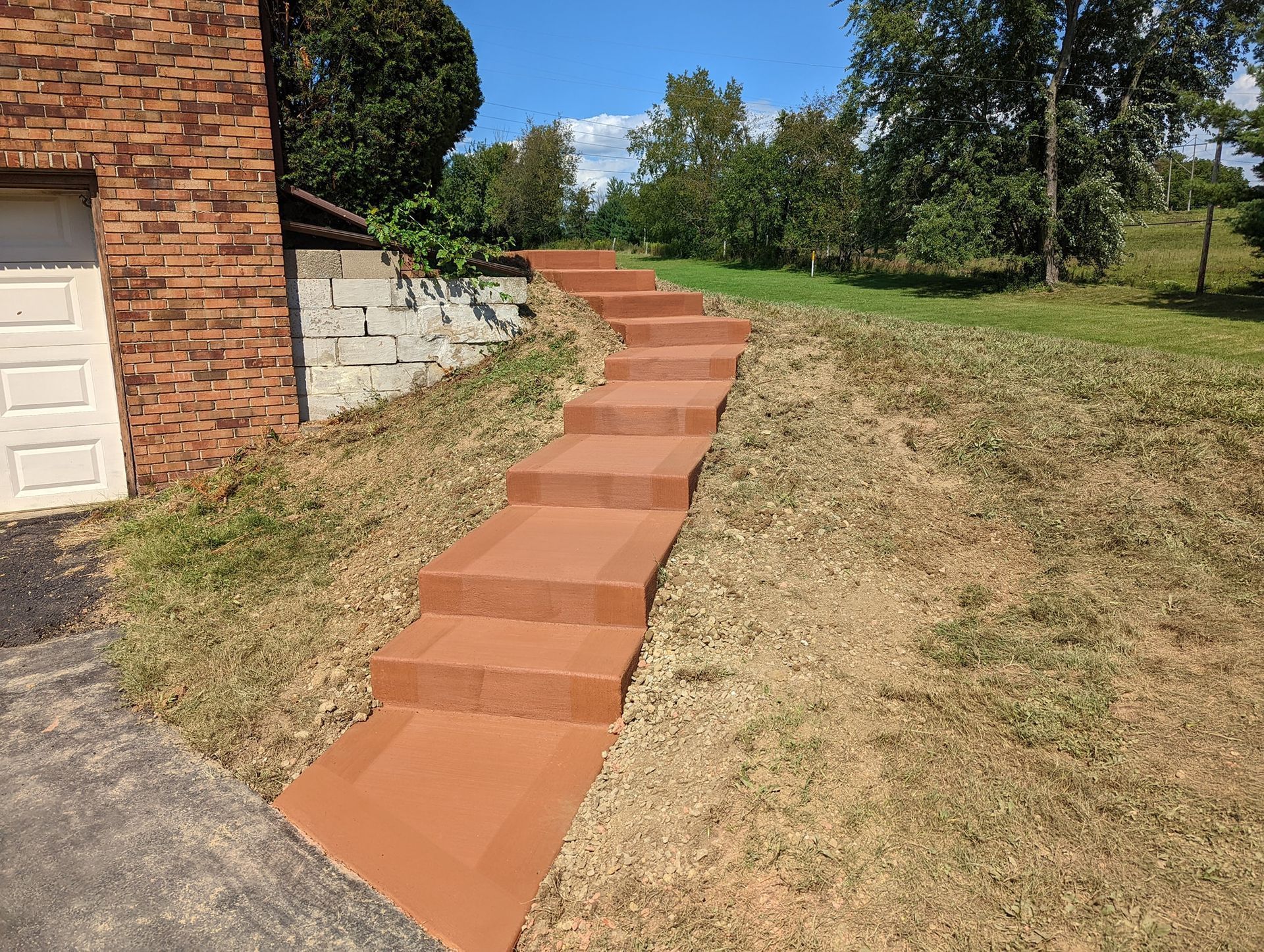 A set of concrete steps leading up to a brick building.