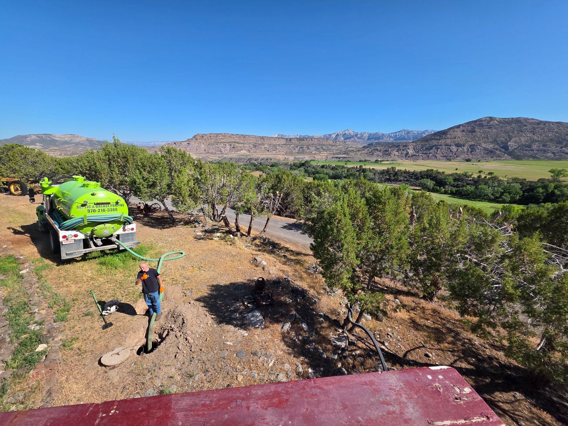 Workers and a green truck on a dirt path beside rows of trees in a rural landscape under a blue sky
