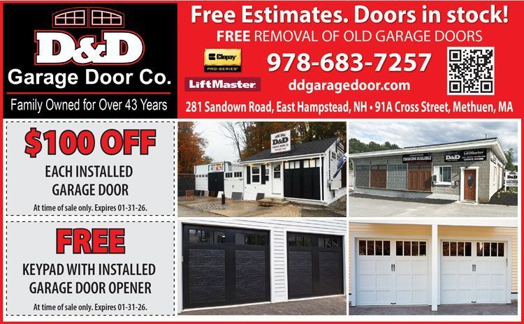 Advertisement for D&D Garage Door Co. offering discounts on garage doors and openers, with contact info and images of garage doors.