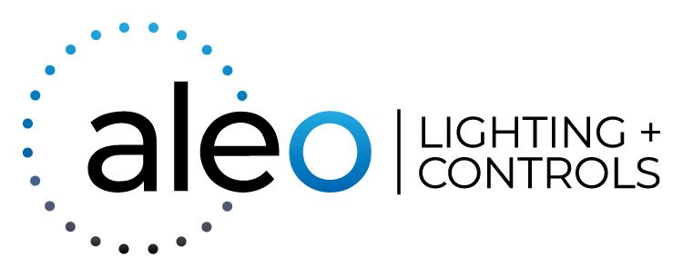 Aleo Lighting + Controls logo with black and blue text inside a dotted circle