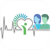 Heart health app icon with heartbeat line, heart symbol, people, and sunburst.