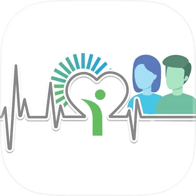 Heart health app icon with heartbeat line, heart symbol, people, and sunburst.