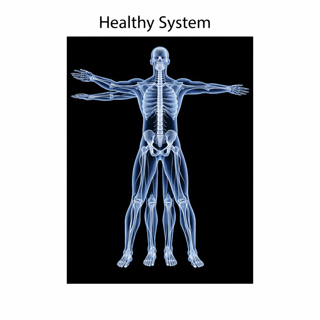 X-ray of a human body, depicting the skeletal structure, arms outstretched, labeled Healthy System.