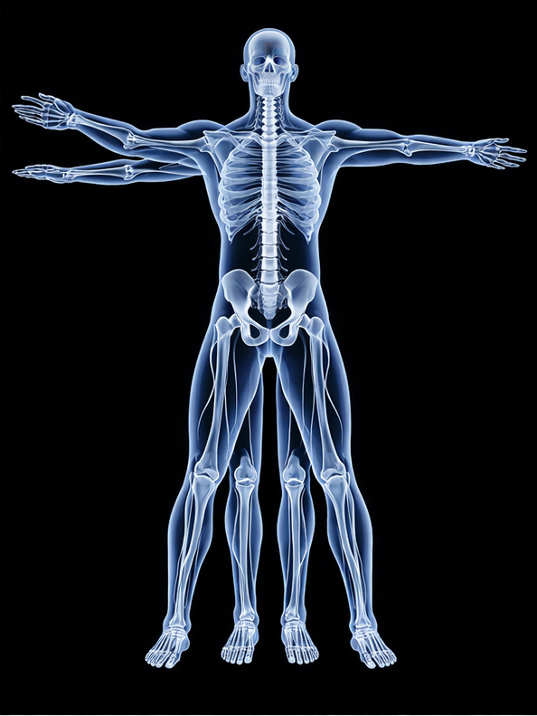 X-ray of a human body, depicting the skeletal structure, arms outstretched, labeled Healthy System.