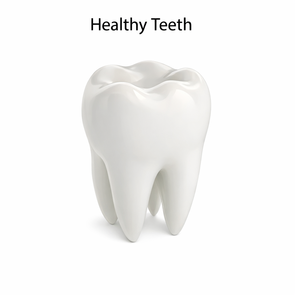 Healthy tooth, white, with roots, centered on a white background.