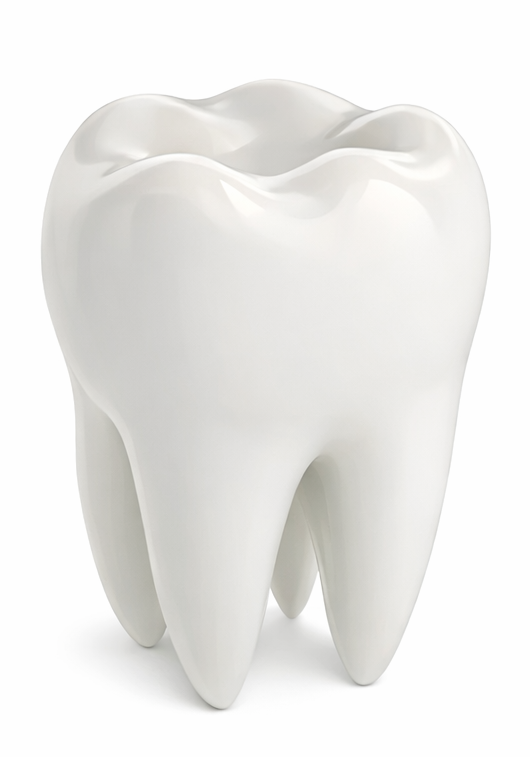 Healthy tooth, white, with roots, centered on a white background.
