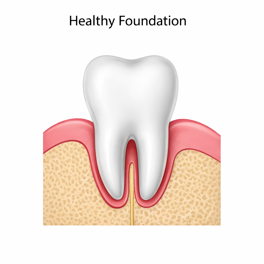 Healthy tooth in healthy gums and bone.