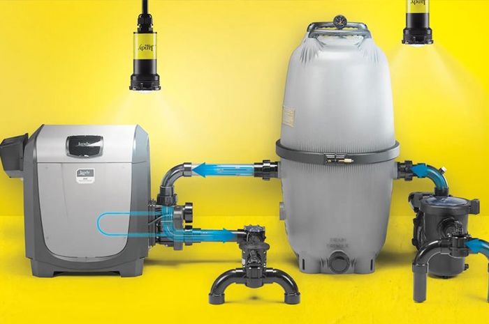 A group of swimming pool equipment on a yellow background