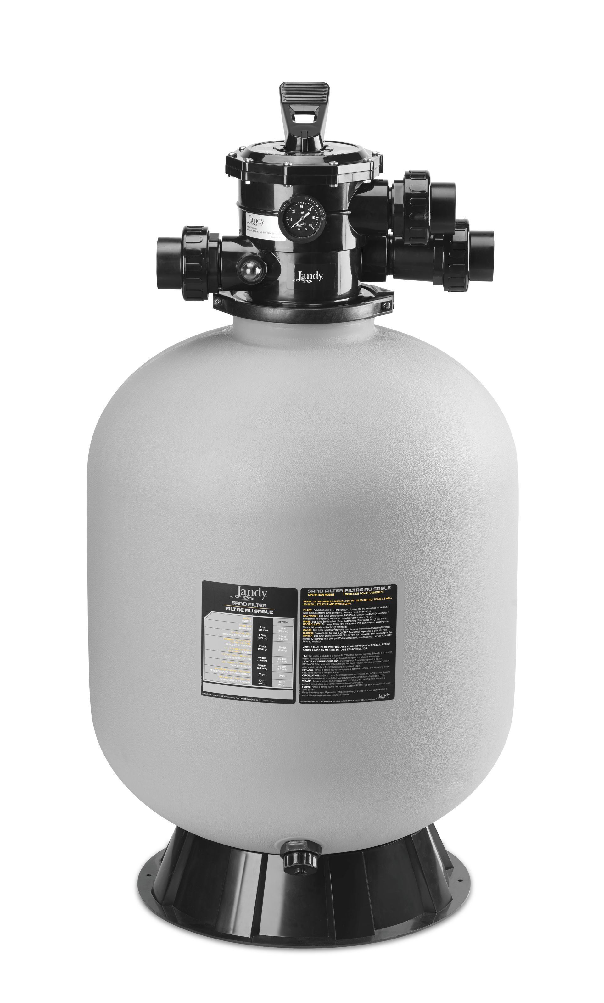 A white swimming pool filter is sitting on top of a white surface.