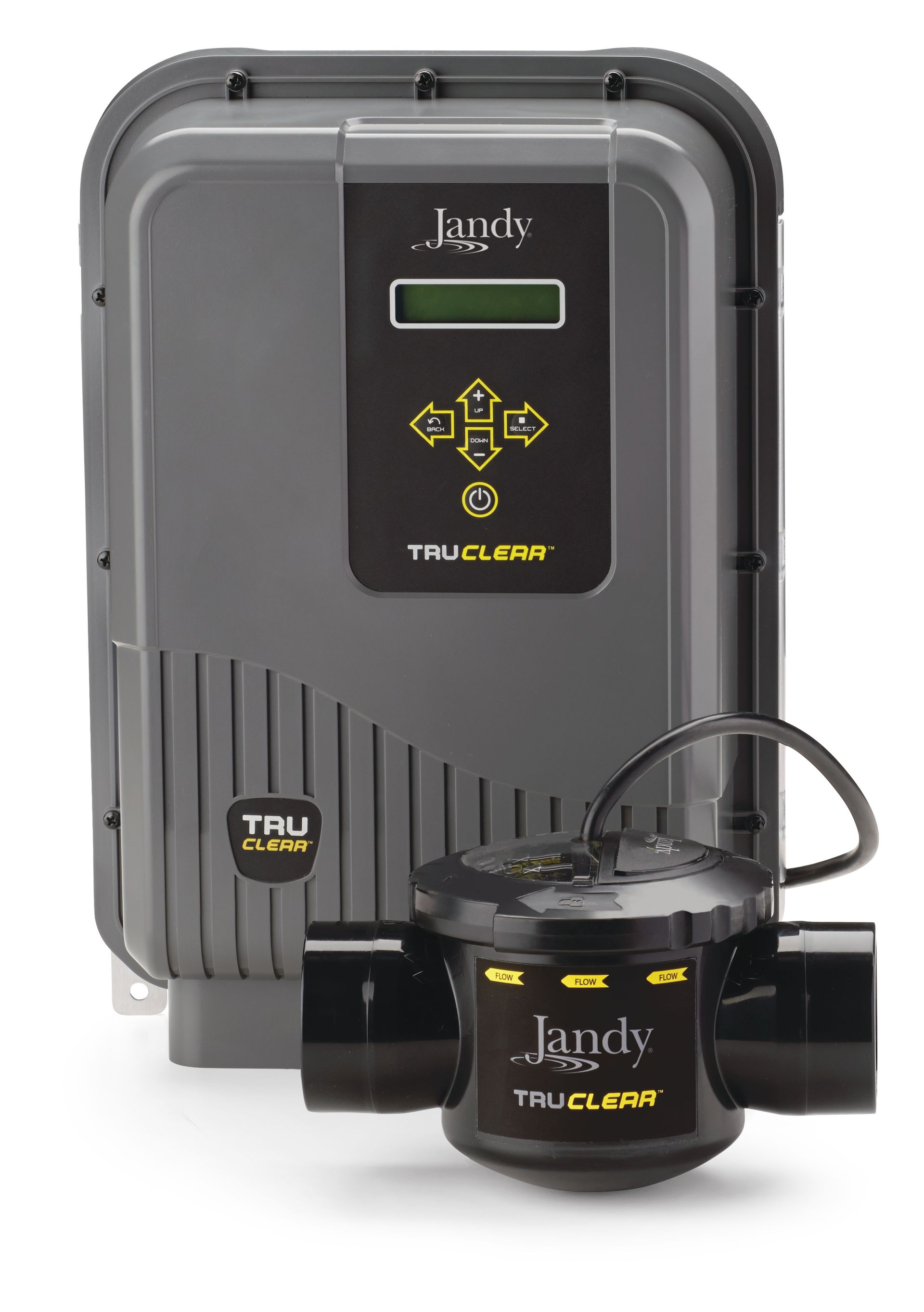 A gray box and a black device are sitting next to each other on a white surface.