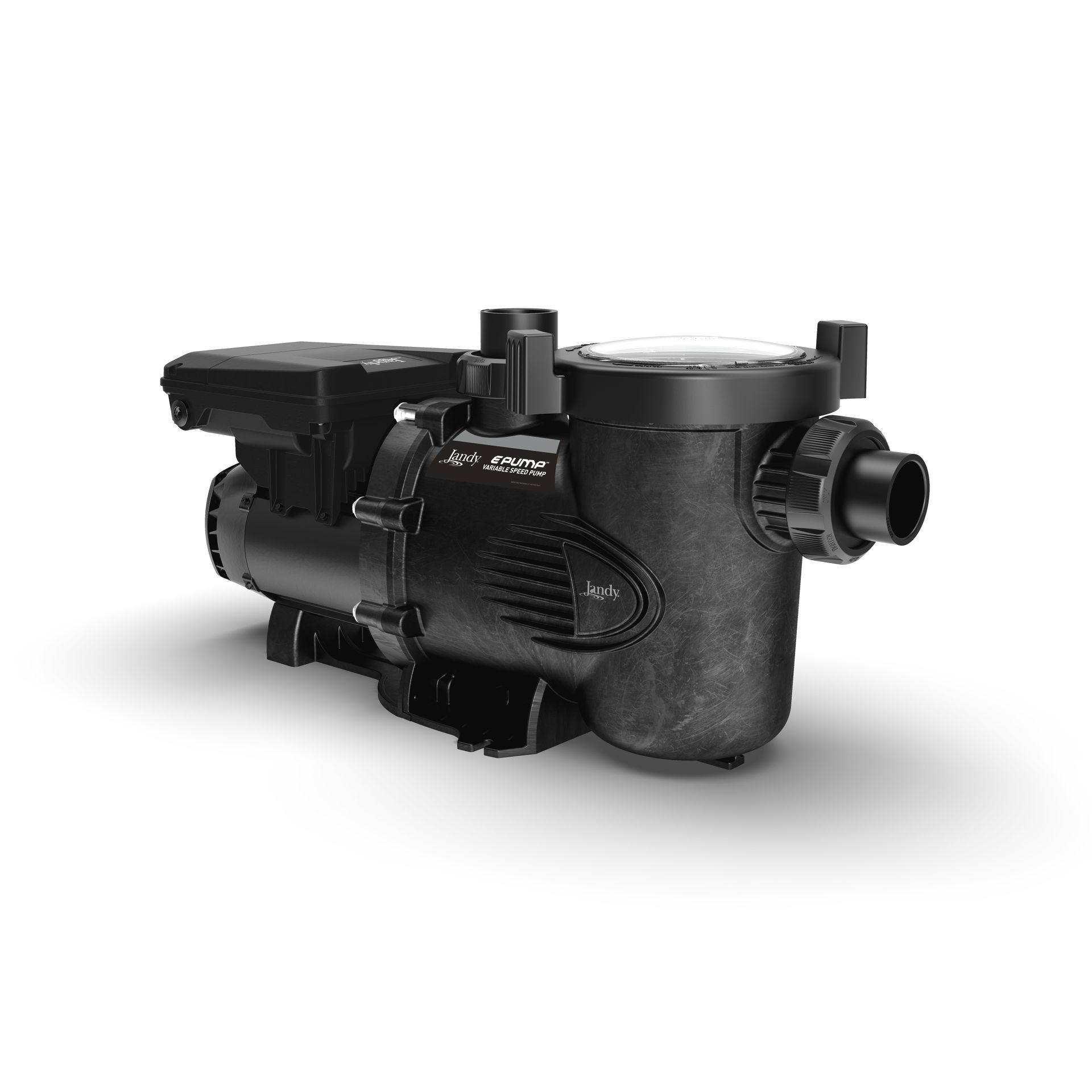 A black swimming pool pump on a white background.