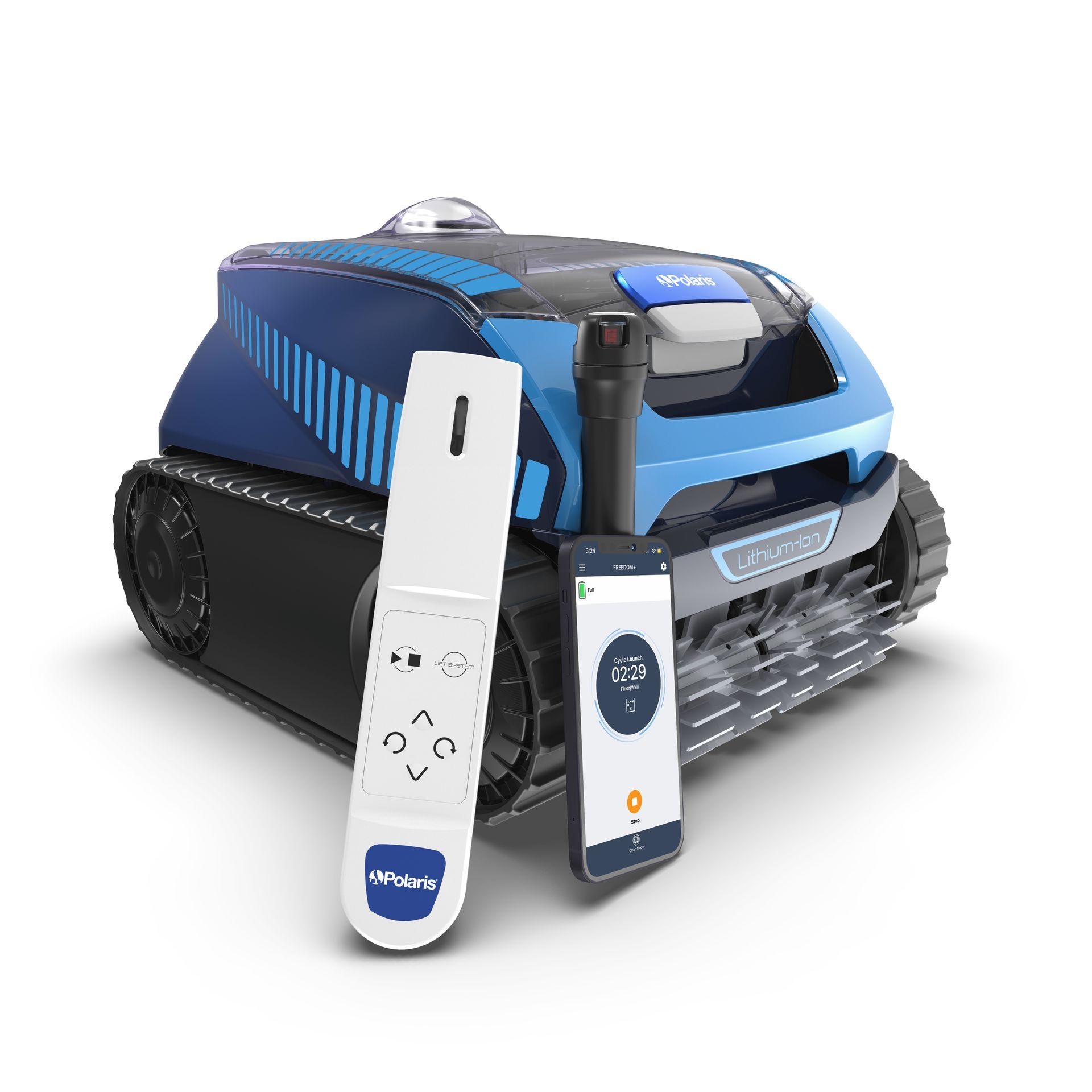 A robotic pool cleaner with a remote control and a cell phone.