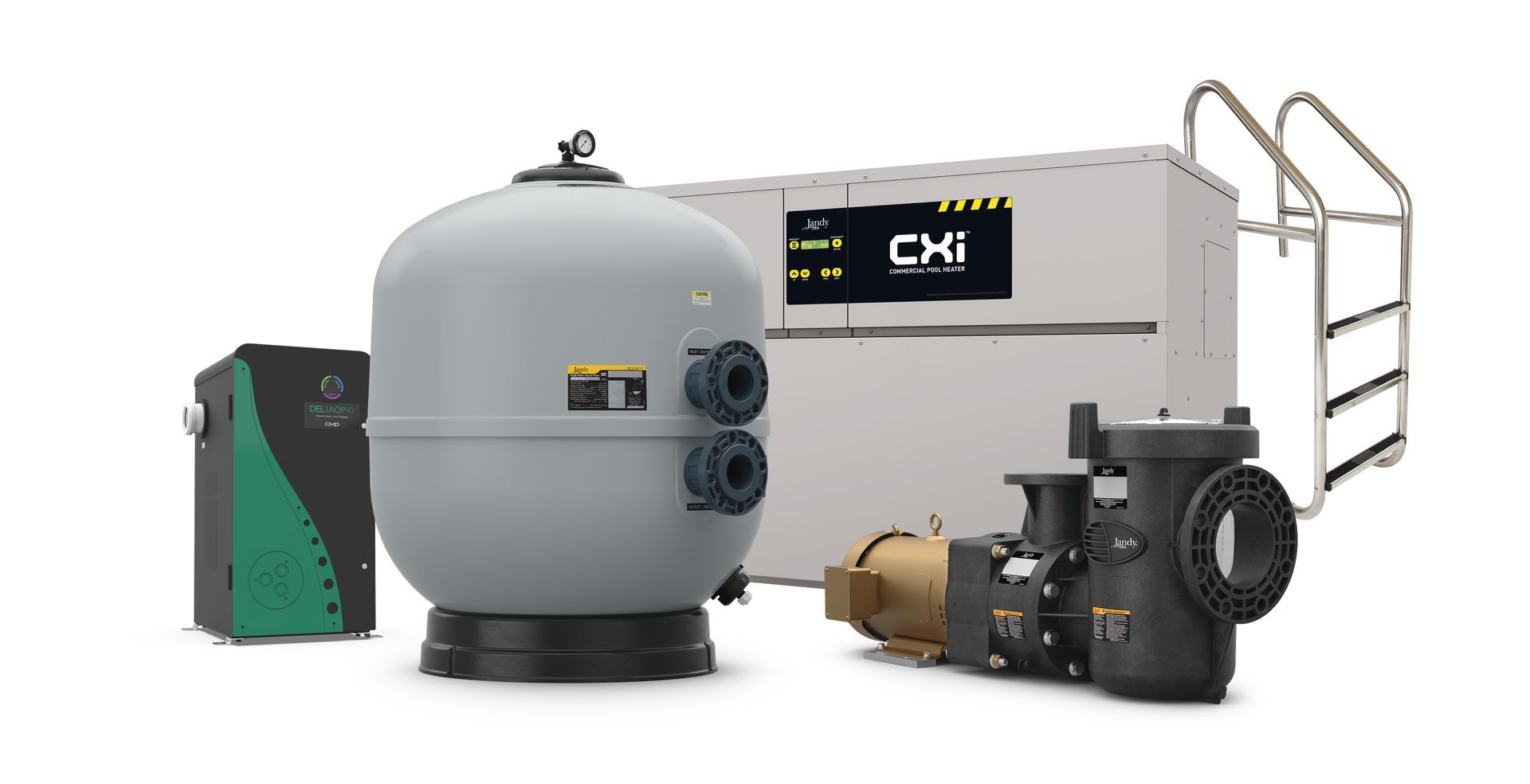 A group of swimming pool equipment sitting next to each other on a white background.