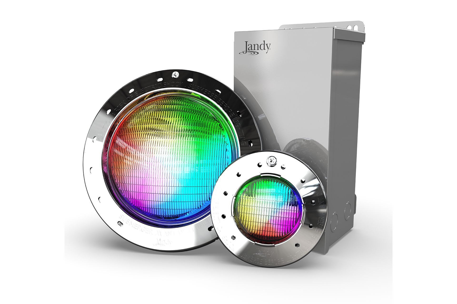 Two colorful lights are sitting next to each other on a white background.