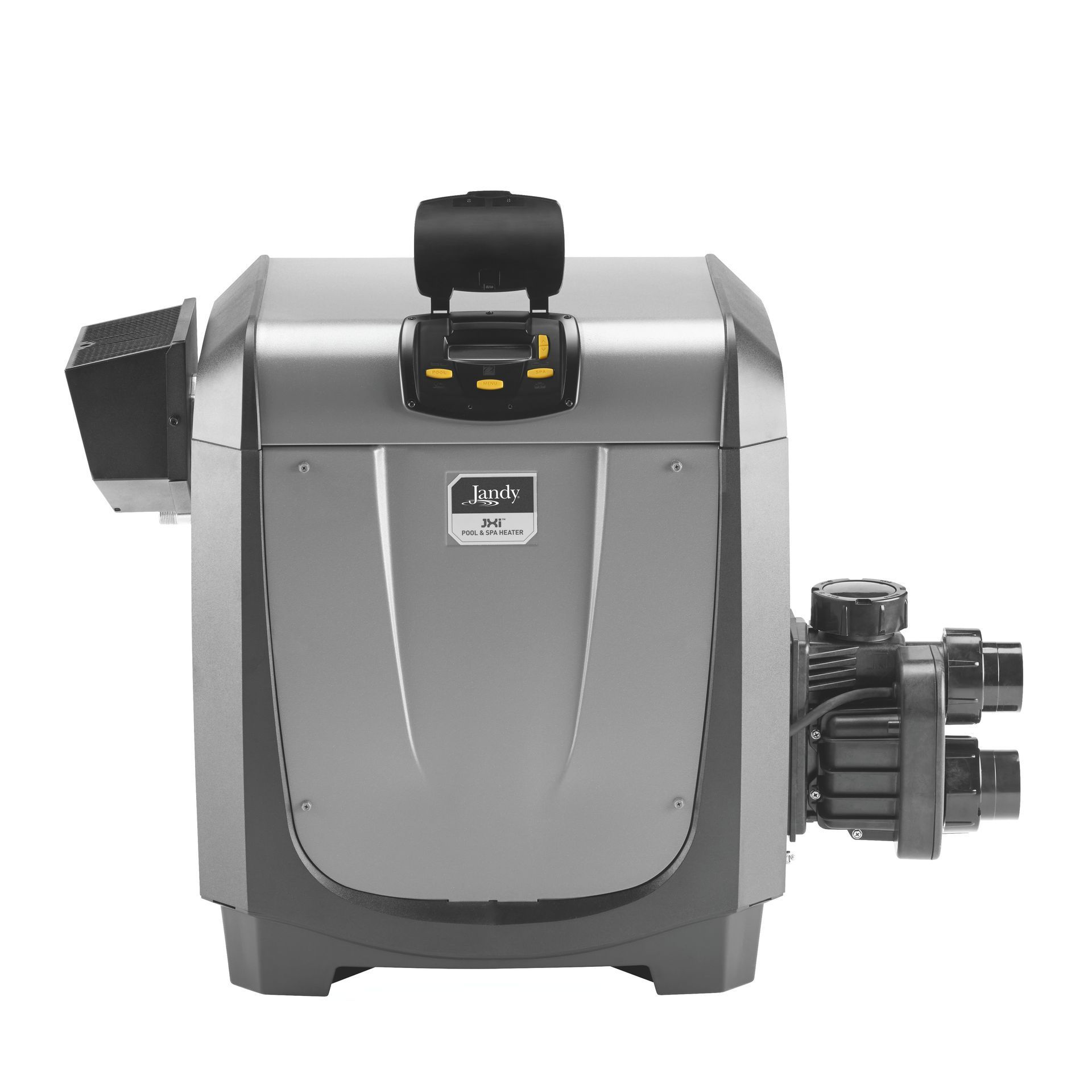 A gray and black machine with a handle on top of it on a white background.