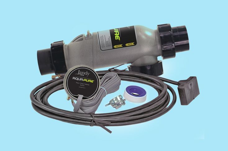 A gray and black device with a hose attached to it on a blue background.