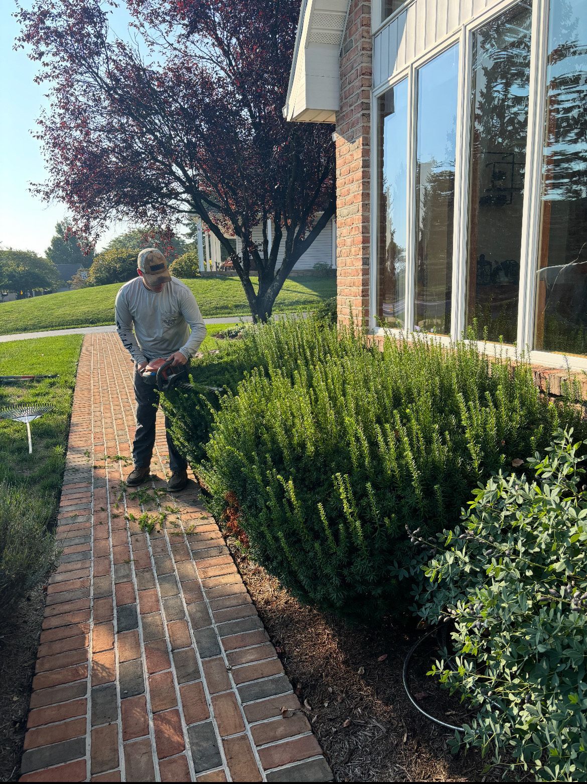 A man is standing on a brick walkway next to a house.