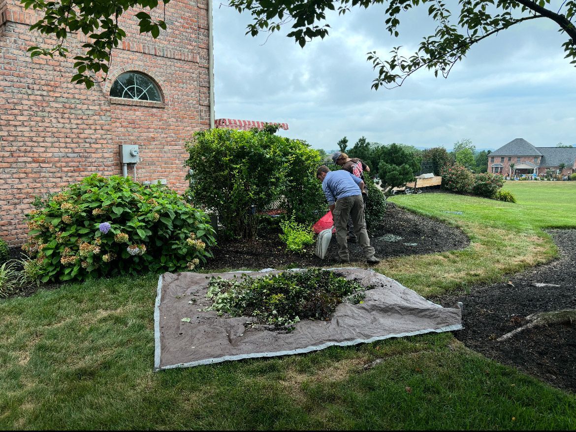 A group of people are working in a garden in front of a brick building.