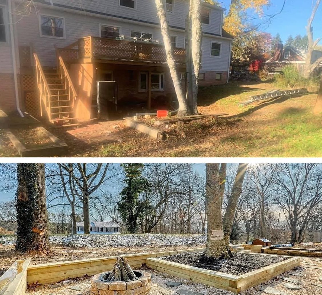 A before and after picture of a house and a fire pit.